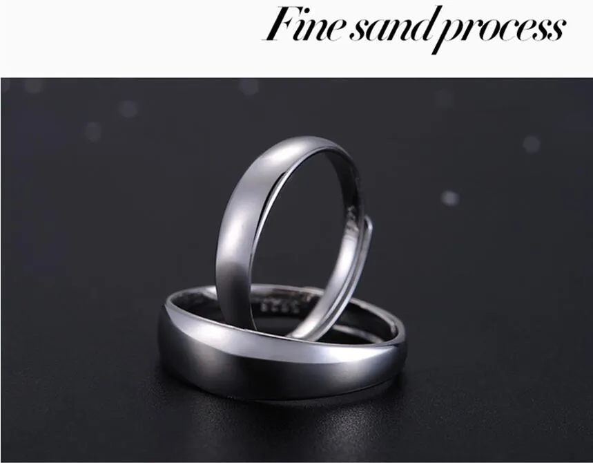 Nova Simples Superfície Lisa Amantes Anel Moda Abertura Boca S925 Sterling Silver Jewelry Casal Anéis de Dedo para o Casamento Noivado