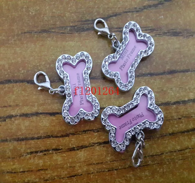 100pcs/lot Free Shipping 32x20mm Pet Collar ID Tag Dog Name Tag Rhinestone Bone Shaped Doggie Puppy Crystal Photo Frame