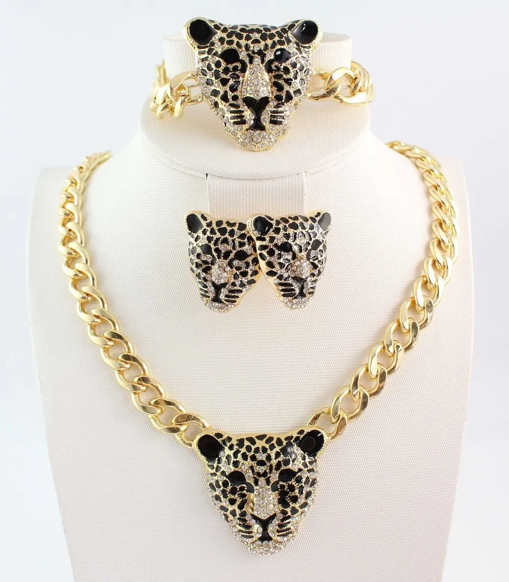 Mulheres banhado a ouro Colar de cristal de leopardo / pulseiras / brinco conjunto de jóias