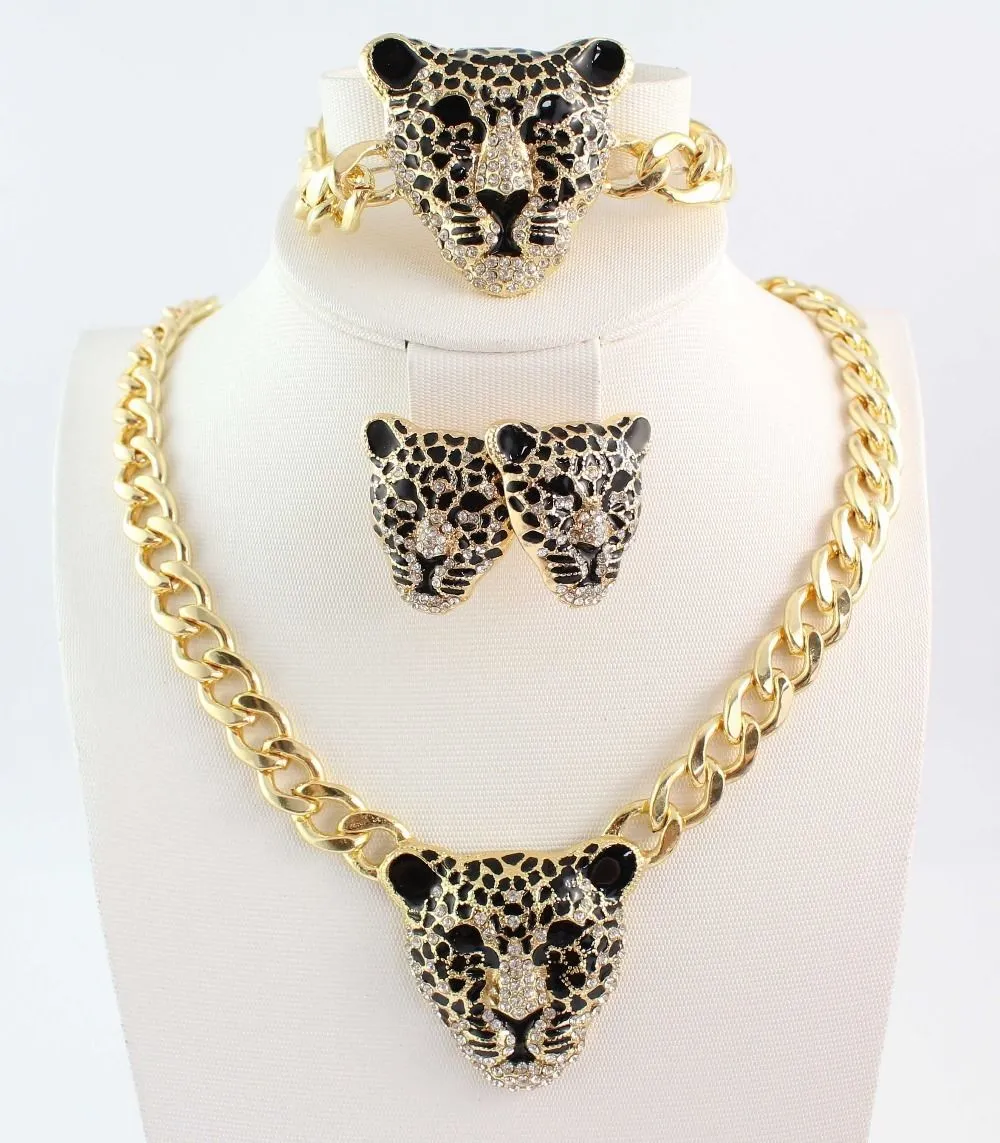 Women Gold Plated Leopard Crystal Necklace/Bracelets/Earring Jewelry Set