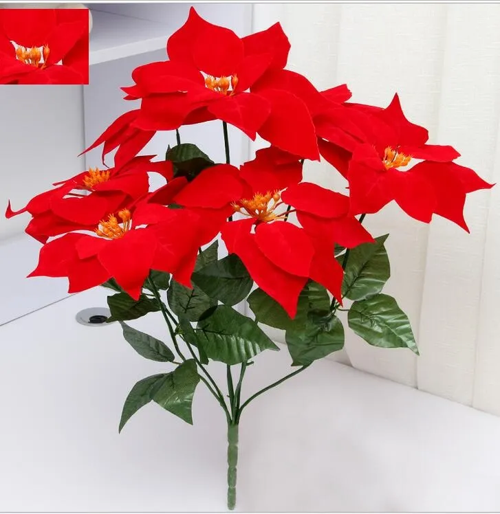 flores artificiales poinsettia, flor de navidad poinsettia festival de navidad en casa decoratiion flor 45 cm 7 Head Poinsettia Flower SF008