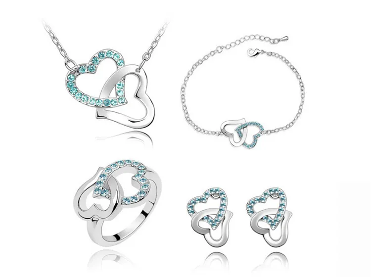 Newest Necklace and Earring Sets Heart Design Crystal Material Bracelet Ring Sets Exquisite Wedding Jewelry Sets 4022
