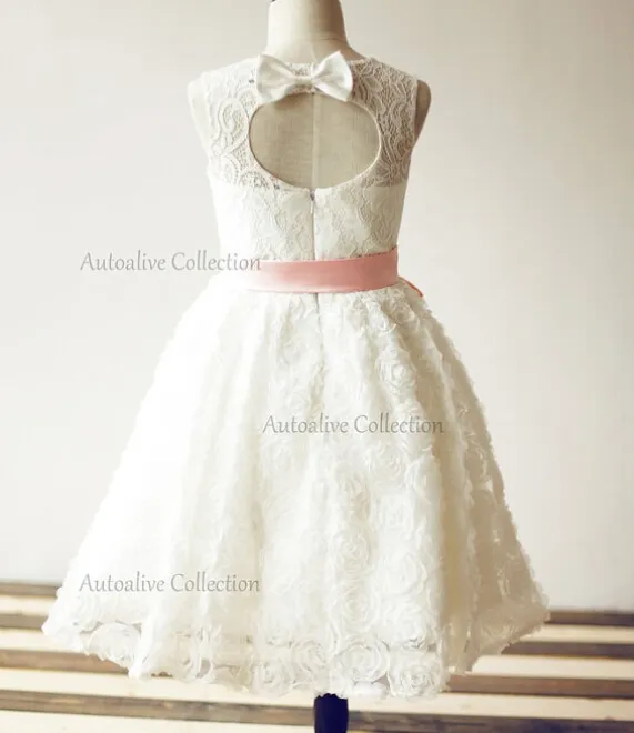 Lace Rosette Keyhole Flower Girl Dress/Communion/Baptism/Junior Bridesmaid Dress/Baby Girl Dress/Blush Pink Sash/Bow