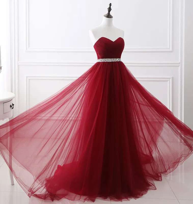 100% Real Image 2019 Burgundy Tulle Evening Dresses Sweetheart Neck Tulle Beaded A Line Floor Length Designer Occasion Dresses Party Gown