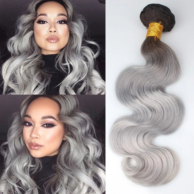 Meilleure vente !! Argent Gris Ombre Extensions de Cheveux Humains ombre gris Brésilien vierge cheveux corps vague 2 ton ombre gris Péruvien remy cheveux armure