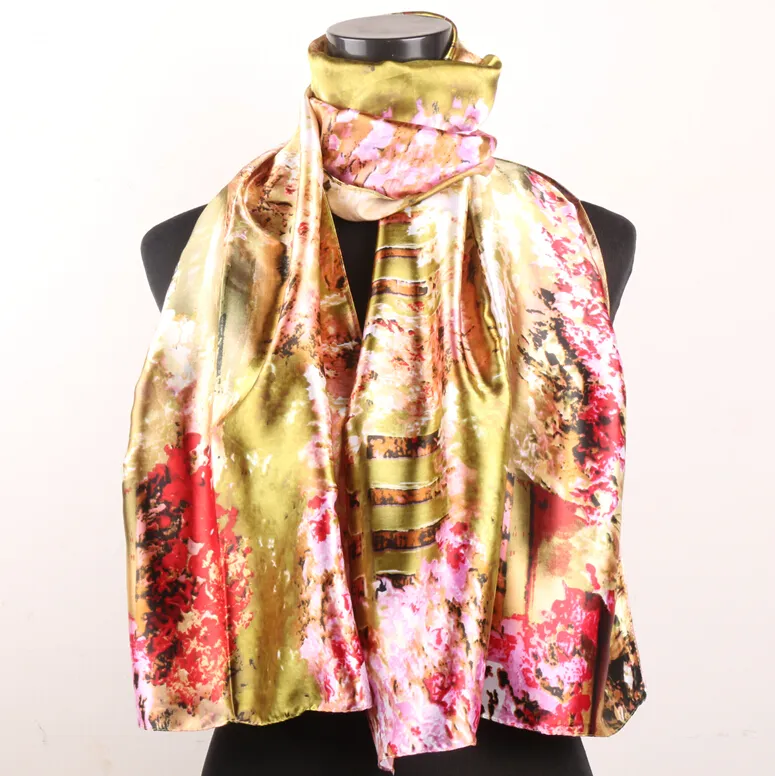 Red Pink Cherry Blossoms Fences Scarves Gold Women's Fashion Satin Oil Painting Long Wrap Shawl Beach Silk Scarf 160X50cm