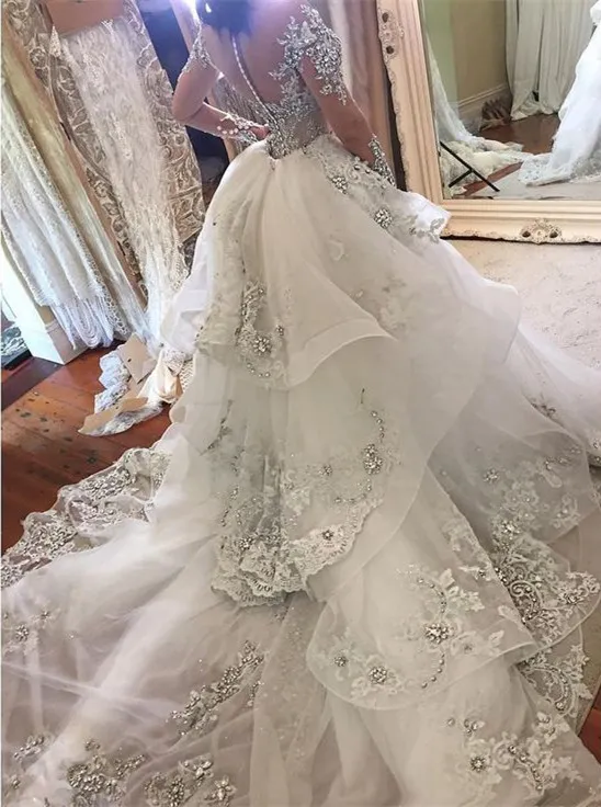 Dwie kawałki sukienki ślubne syrenki z Overskible Illusion złudzeniem długie rękawy z Kościa High Collar Saudi Arab Arab Wedding Br238z