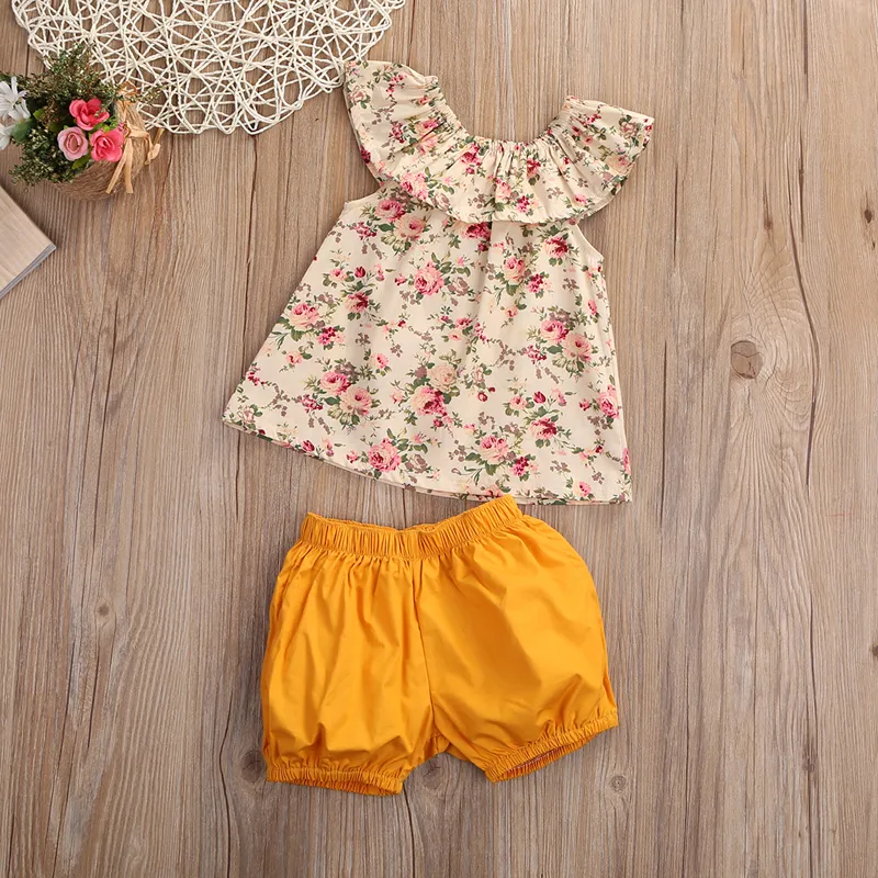 Algodão Bebê Menina Roupas de Verão Flor Meninas Conjunto de Roupas Bonito Crianças Bebê Meninas Roupas Conjuntos de Camisa T Tops + Shorts Boutique Meninas Conjunto