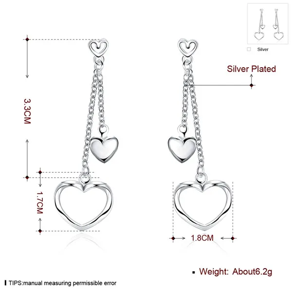 Brandneue gerade herzförmige Ohrringe aus Sterlingsilber DFMSE651, baumelnde Kronleuchter-Ohrringe aus 925er Silber für Damen, 10 Paar, viel Fabrik