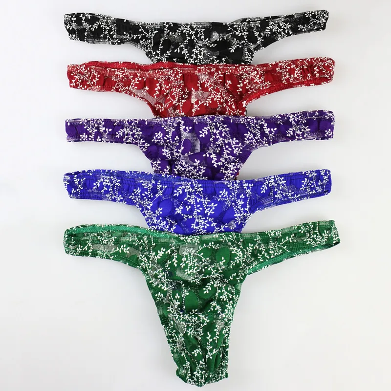 Moda Lace Men's Underwear Briefs Sexy Respirável Breve Curvas Para Homens Gay Floral Shorts Transparentes Cueca Calcinha Masculina