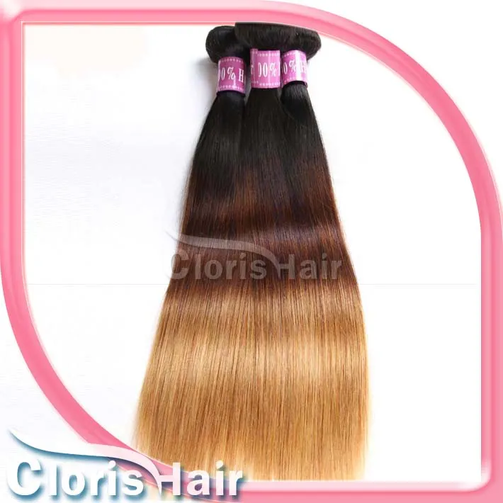 Blonde Ombre Malaysiska Virgin Hair Rak Buntar Tre Ton 1B 4 27 Ombre Extensions Billiga Dark Roots Blondin Rak Human Hair Weaves
