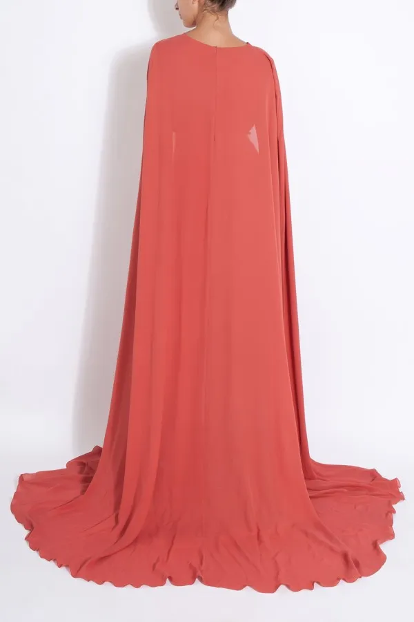 Spring Modest Muslim Long Dress Coral Chiffon Evening Dresses A Line Surplice V Neck Prom Gowns with Cape Sweep Train Custom Made