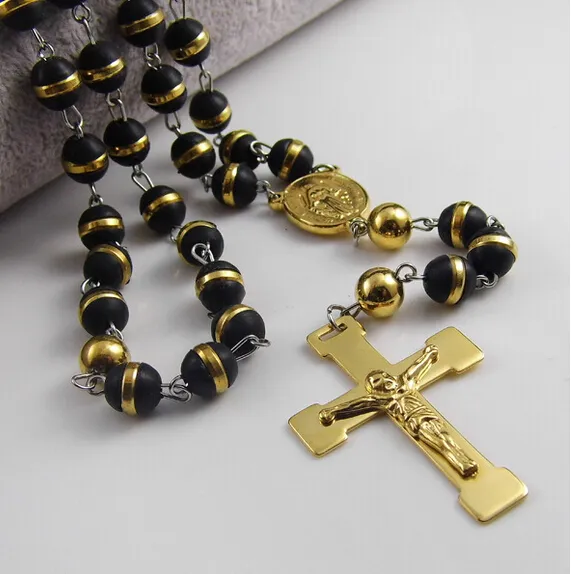 Silicone Rosary Necklace Stainless Steel Gold Religous Jusus Cross Beads Crucifix 8mm