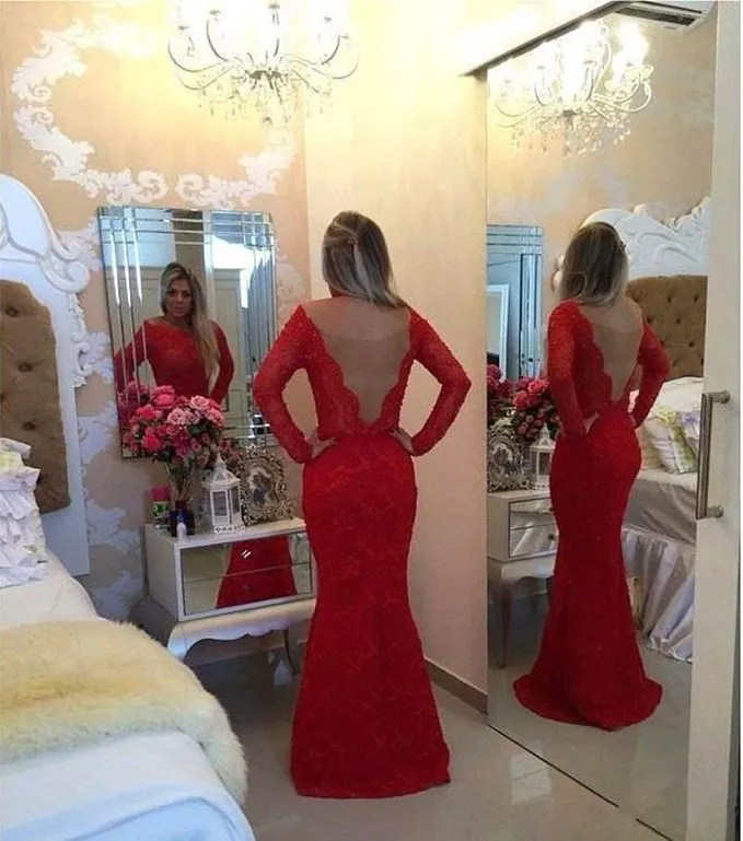 Robes de bal en dentelle sirène rouge simple avec haut en perles rouges et ceinture à nœud Bateau Robes de soirée dos nu Robes de soirée cocktail