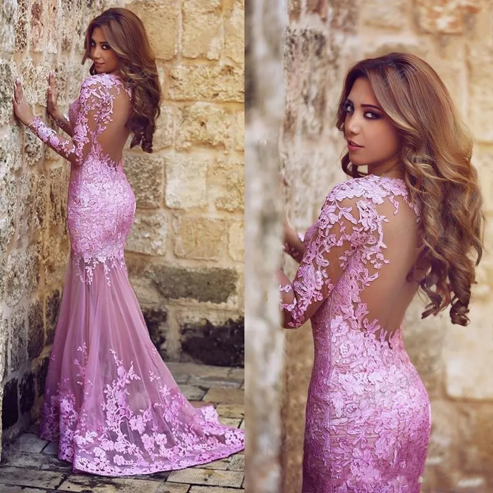 Vestidos de noite 2018 Barato Árabe Lilás Roxo Jóia Pescoço Mangas Compridas Lace Sereia Sheer Ilusão Longo Partido Vestido Aberto de Volta Vestidos de Baile