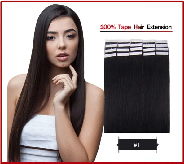 Entier - 5A 16 - 26 100% Cheveux humains PU EMY Tape Extensions de cheveux de peau 2 5g pcs 100g set # 1 noir de jais DHL 265P