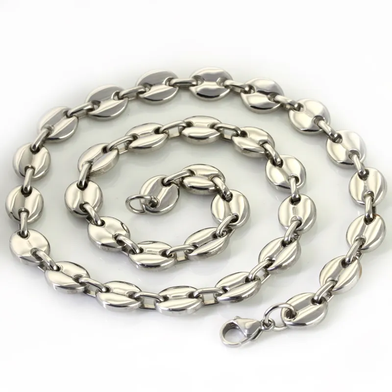 prix de gros 10mm 20 ''-28 '' 316L acier inoxydable grains de café poli lien chaîne collier mode hommes femmes bijoux ton argent