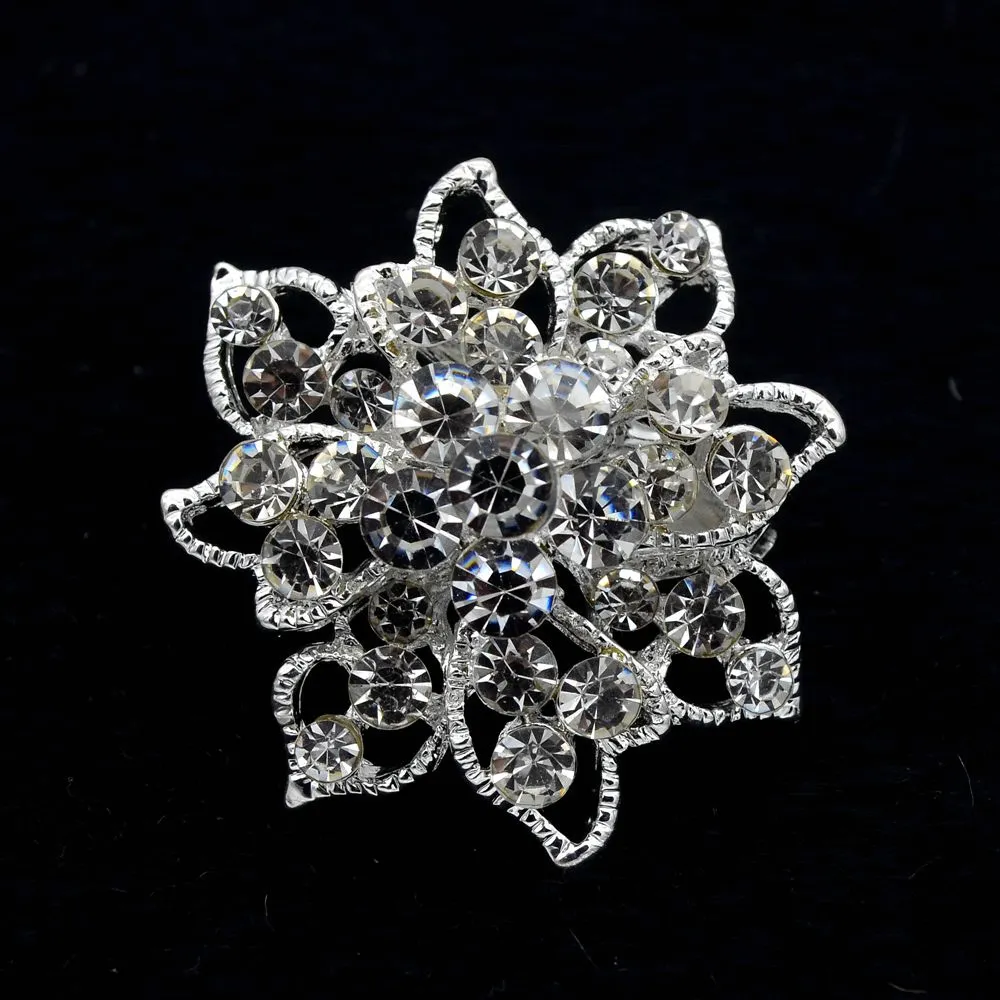 1,3 polegadas tom de prata brilhante cheio claro strass cristal diamante pequena flor broches broches roupas femininas decoração