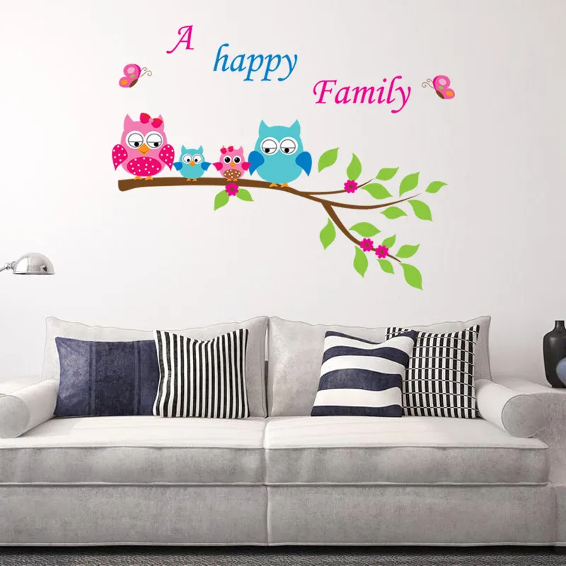 Ugglor lycklig familj av fyra decal klistermärken En lycklig familj väggkonst väggmålningar Barnrum Nursery Lettering Quote Wall Home Decoration