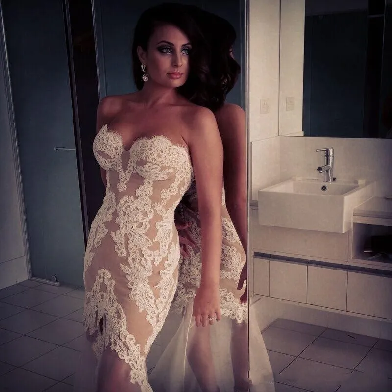 2015 gorset koronki suknie ślubne Vintage Sexy Sweetheart Zakryty przycisk Powrót Mermaid Suknie Ślubne Kaplica Pociąg Open Back Summer Wedding Suknia