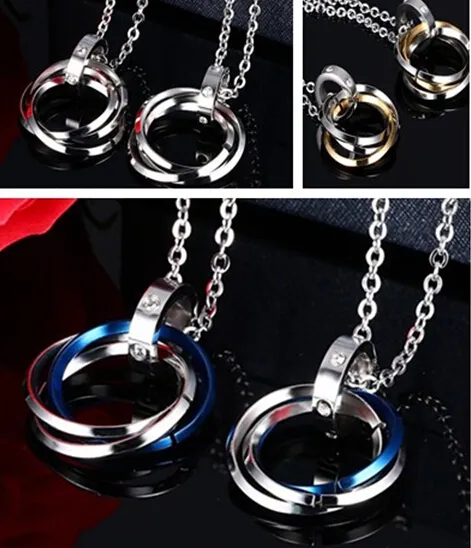 Argent bleu noir or trois couleurs à choisir mode acier inoxydable cristal 3 cercles pendentif Couple colliers charme cadeaux