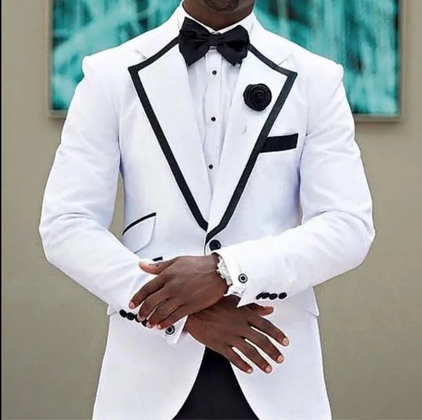 Hot Sale Groom Tuxedos 2015 White Morning Wedding Suits with Black Lapel Best Mens Prom Formal Occasion Suits (Jacket+Pants+Bow Tie+Hanky)