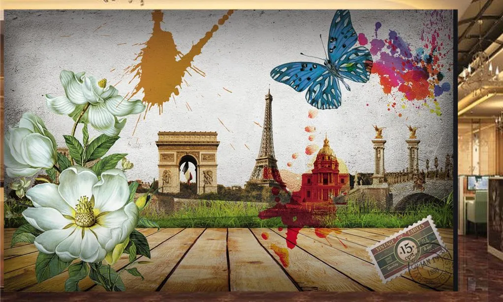 картины обои 3D трехмерные европейские и американские картины маслом цветок бабочка ностальгический город инструменты фон стены