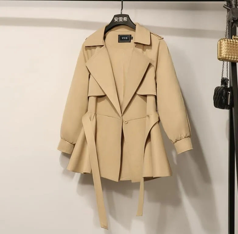 Khaki Lace up Short Trench Coat for Women Stylish Spring Autumn Wind Coat