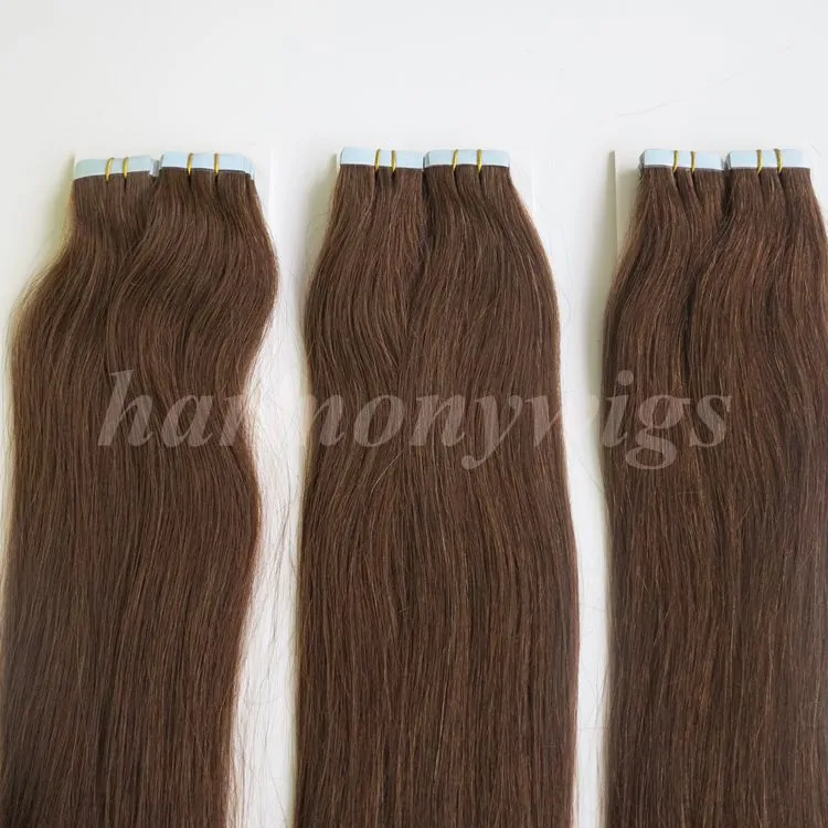 Topkwaliteit 100g / 50 stks tape in menselijke hair extensions 18 20 22 24 inch # 4 / donkerbruine lijm huid inslag Braziliaans Indisch haar