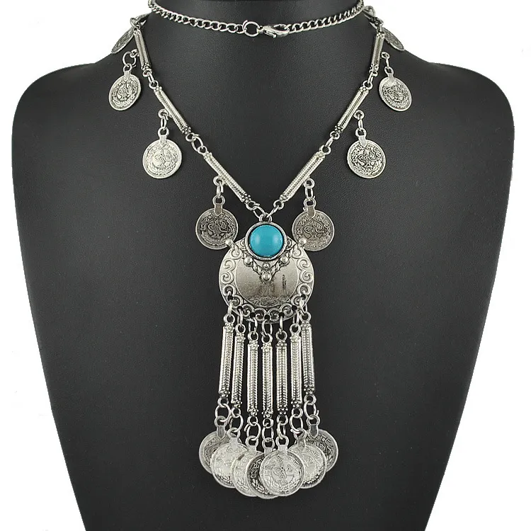 Collar con colgante largo de moneda Vintage bohemio, cadena de plata, joyería de plata étnica tribal gitana, collar de borla para mujer, cadenas de monedas antiguas