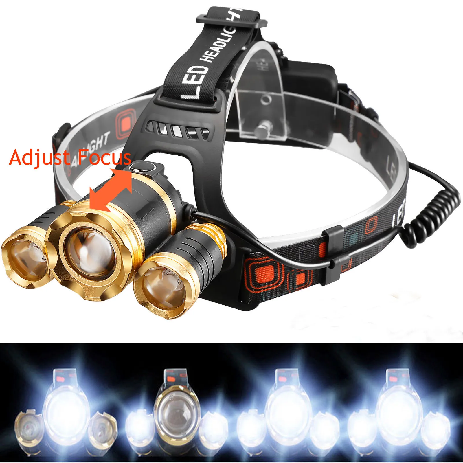 Linterna frontal de caza de 12000 lúmenes 3x XML T6 LED linterna frontal lámpara Camping Zoom linterna frontal 18650 batería + cargador + cargador de coche