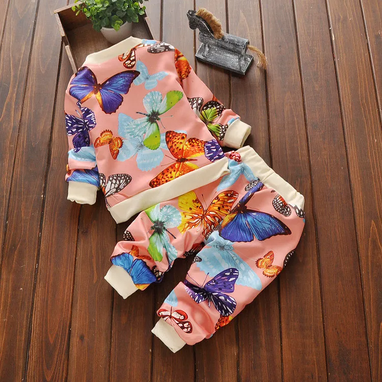 Primavera Autunno Vestiti neonata Set di due pezzi Set di abbigliamento bambini Ragazza bambino Completo a farfalla Top a maniche lunghe Pantaloni Set ragazze i