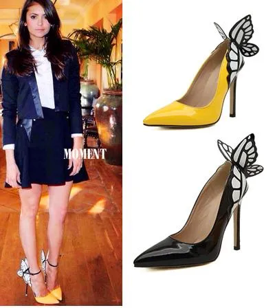 Celeb Style Fantasy Butterfly Shoes Black Yellow Stiletto Heels Ankle Strap Pointed High Heel Pumps 11.5CM size 35 to 41