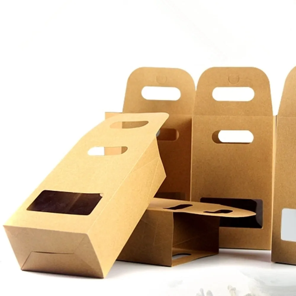 DHL / PARTIJ 10.5 * 15 + 6 CM Kraftpapier Tote Bag Bruiloft Gunst Snoep Gift Verpakking Doos met Handvat Clear Square Window Chocolate Packaging
