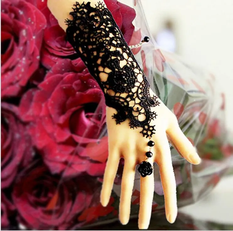 wedding gloves Retro gothic exaggerated the bride gloves black lace wedding dress accessories bridesmaid studio jewelry bracelet ring BB04