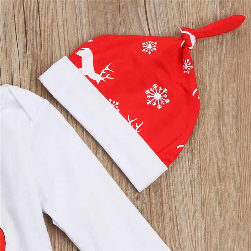 Vêtements de Noël pour enfants - Costume en coton imprimé flocon de neige et cerf - Barboteuse et pantalon - Chapeau 3 pièces - Ensemble de vêtements pour nouveau-né