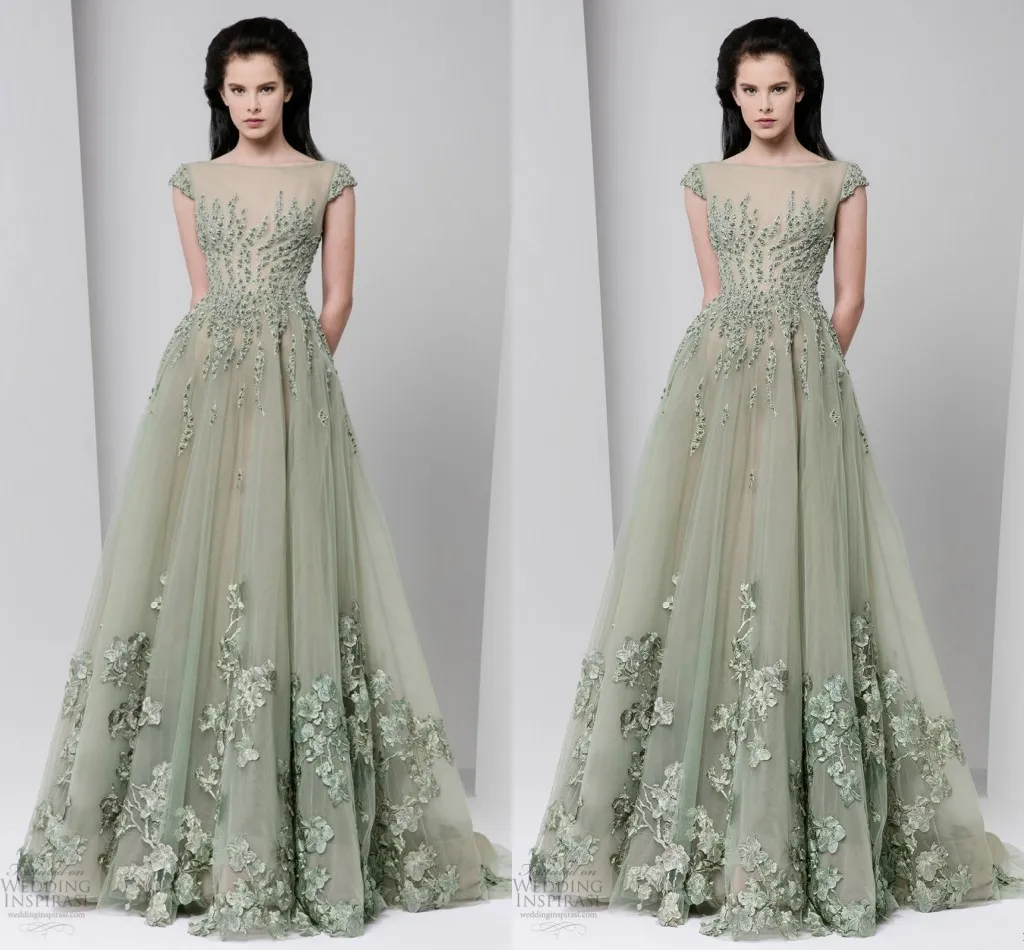 Tony Ward 2016 Printemps Eté Robes De Soirée Sheer Cou Applique Perles Cap Manches Robes De Bal Etage Longueur Tulle Robes De Soirée Formelles