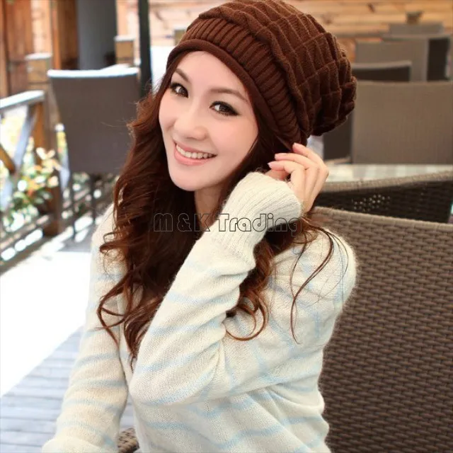 Winter White Ivory Thick Slouchy Knit Oversized Beanie Cap Hat Diamond Checked Weave Hats 