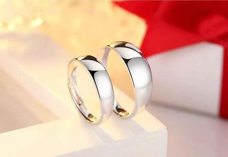 Nova Simples Superfície Lisa Amantes Anel Moda Abertura Boca S925 Sterling Silver Jewelry Casal Anéis de Dedo para o Casamento Noivado