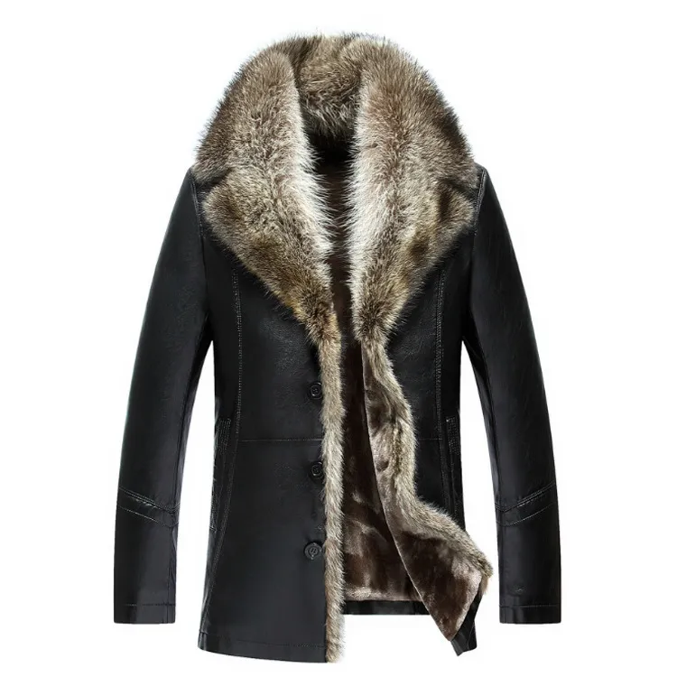 Heren Sheepskin Lederen jas Lagen Winterjassen echte wasbeer bont kraag sneeuw overjas warm dikke dikke outdarnen hoogwaardig groot formaat 4xl