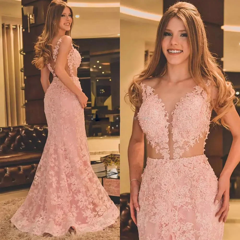 Pink Illusion Dresses Lace Appliques Beads Mermaid Evening Sheer Back Trumpet Prom Party Gowns 415