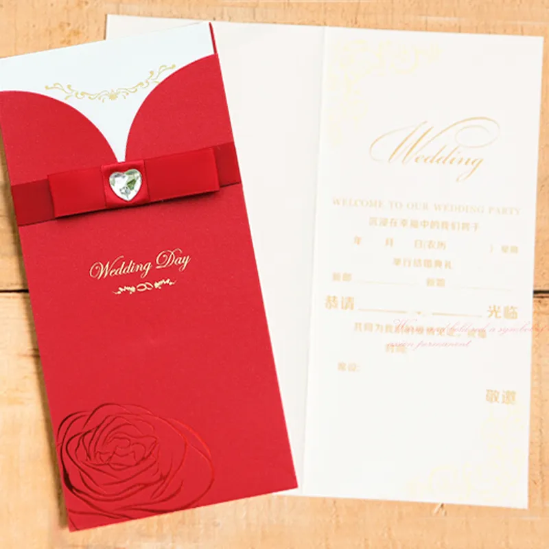 Rektangel stil bröllop inbjudningar mode anpassade inbjudningskort med karta Alla språk Gratis Design Bow Decoration