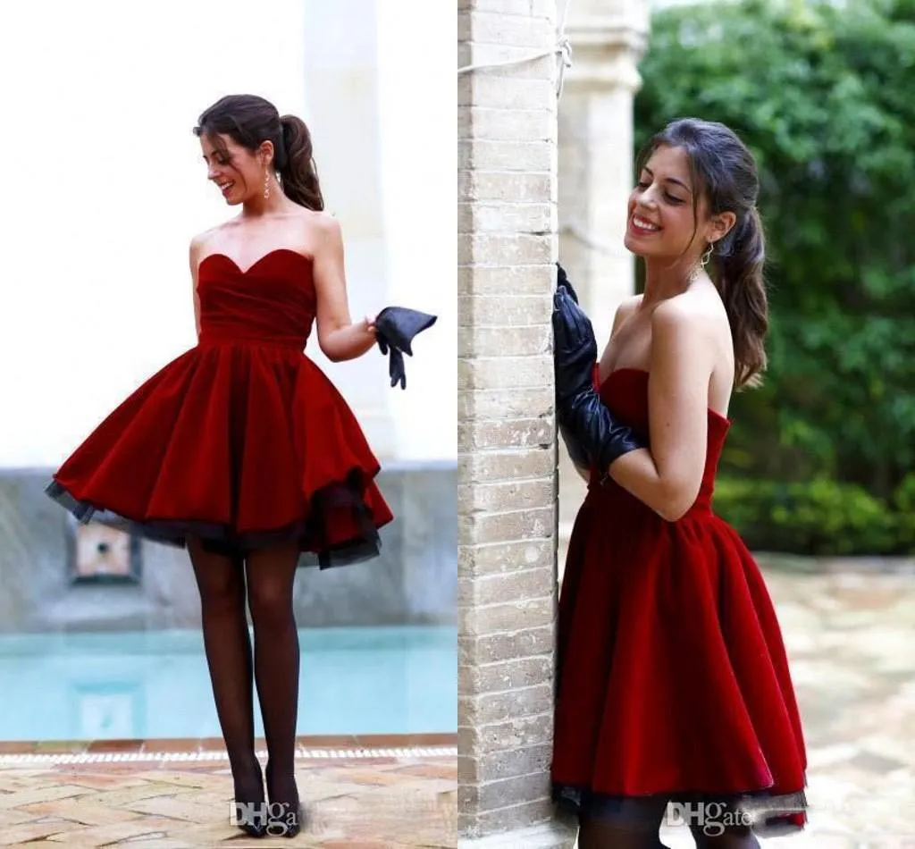 Romantic Burgundy Velvet Short Cocktail Party Gowns Ruffles Simple Dresses Evening Wear Sweetheart Sexy Vestidos Formal DHgate