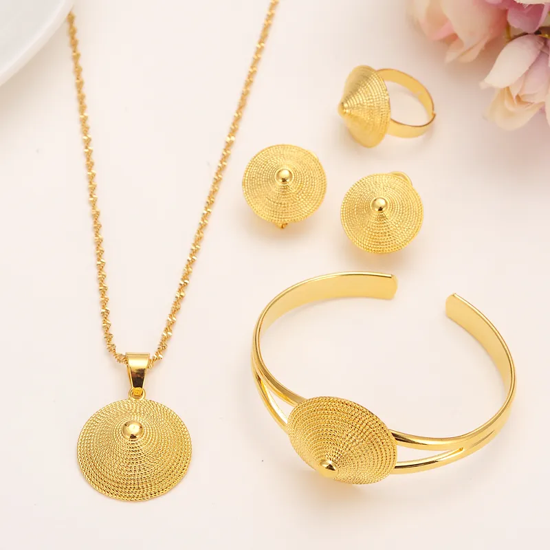 14k Solid Fine Gold Filled Necklace hat Pendants Earrings Ring Bangle Set Eretrian African Abyssinia Ancient jewelry set9918568