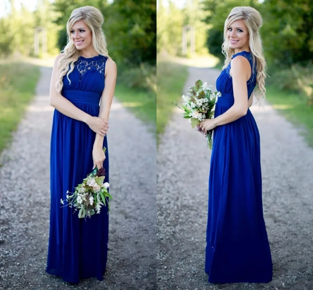 Designer Royal Blue Cheap Land Bruidsmeisje Jurken Sheer Hals Chiffon Junior Lange Prom Jurken Zomer Boheemse bescheiden avondjurken