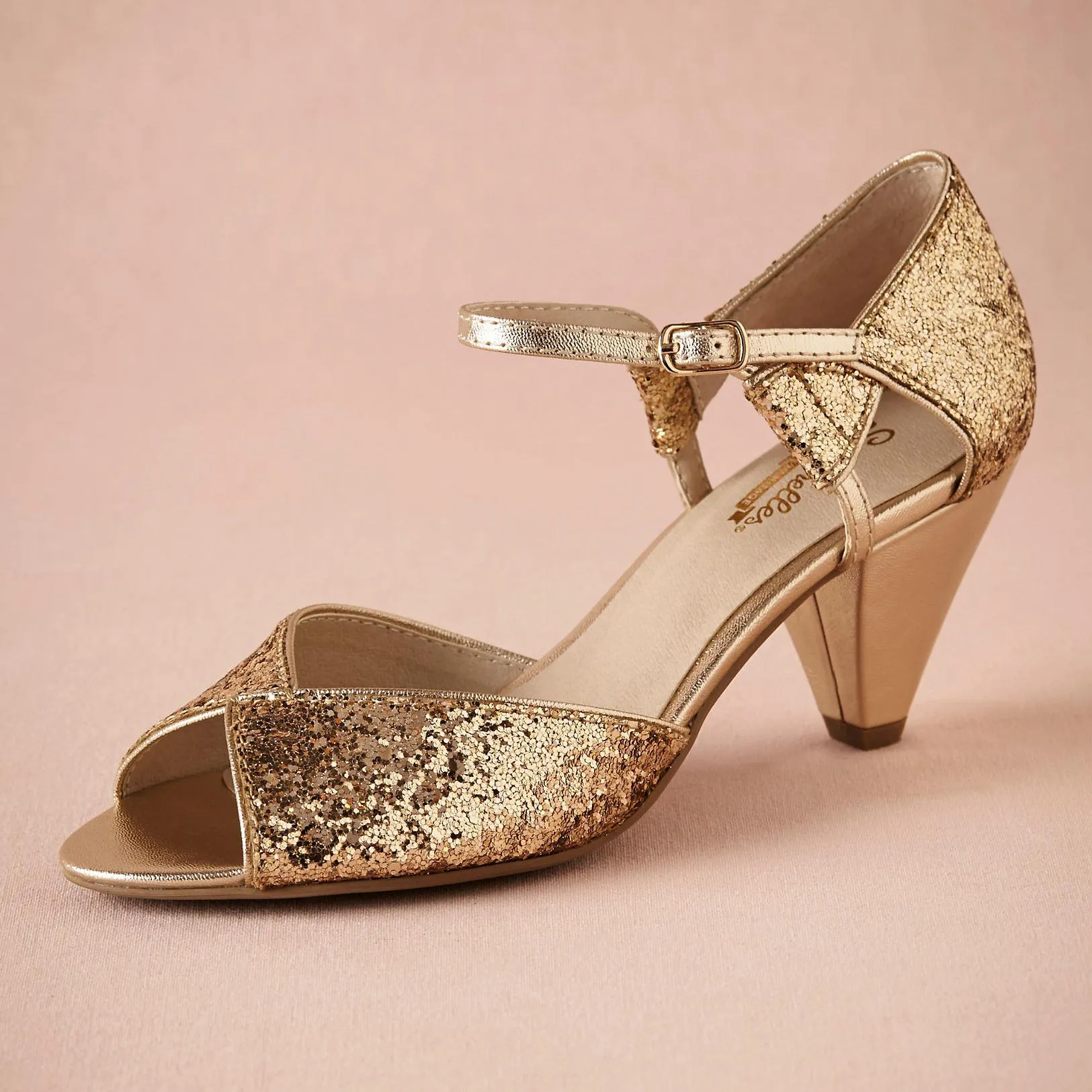 Gold Glitter Spark Wedding Shoe Handmade Pompy Skórzane Sole Wygodne Pompy TOE 2.5 "Skórzany owinięty stożek obcasy damskie sandały buty taneczne