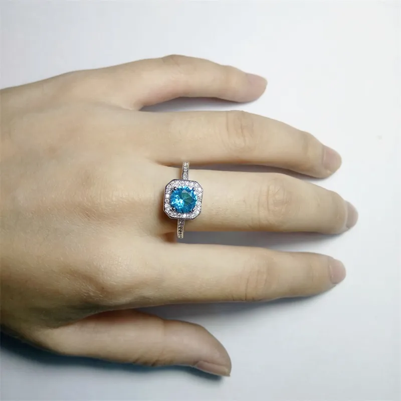 Yhamni Luxury 1CT 6mm Natural Blue Gem Stone Rings for Women Real 925 Sterling Silver Cz Diamond Engagement Wedding Rings KR1544344225