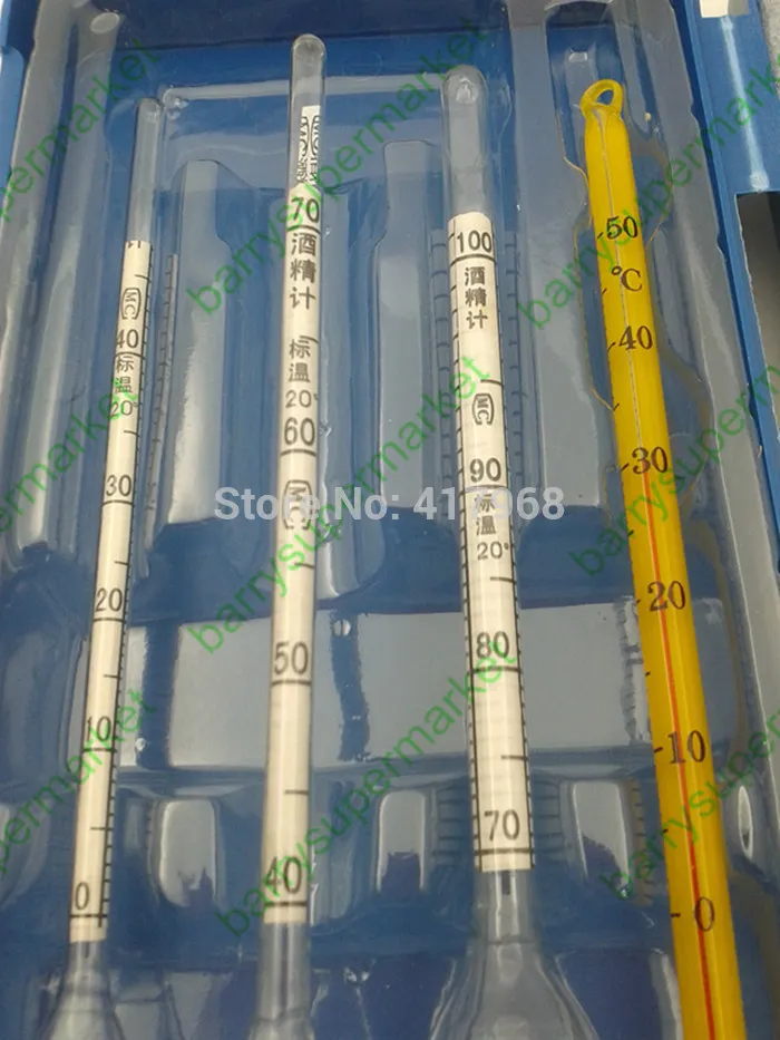 Wholesale-5lots 알코올 계량기 3pcs + 1pcs 증류기 알코올을위한 수열 온도계 Hydrometer 알코올 계량기 0 ~ 100 % 알코올 계량기 테스트