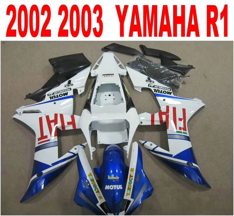 YAMAHA 페어링 YZF-R1 용으로 인기있는 페어링 키트 2002 년 2003 년 파란색 흰색 검정색 오토바이 부품 YZF R1 02 03 세트 HS95