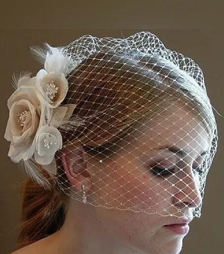 Véu de noiva pente blusher gaiola tule marfim flores champanhe pena chapéu de casamento vestido9985513